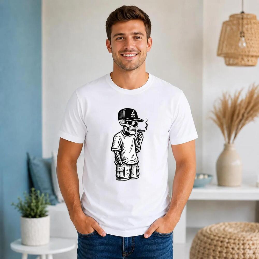 Streetwear Skeleton T-Shirt, Gothic Skater Graphic Tee, Monochrome